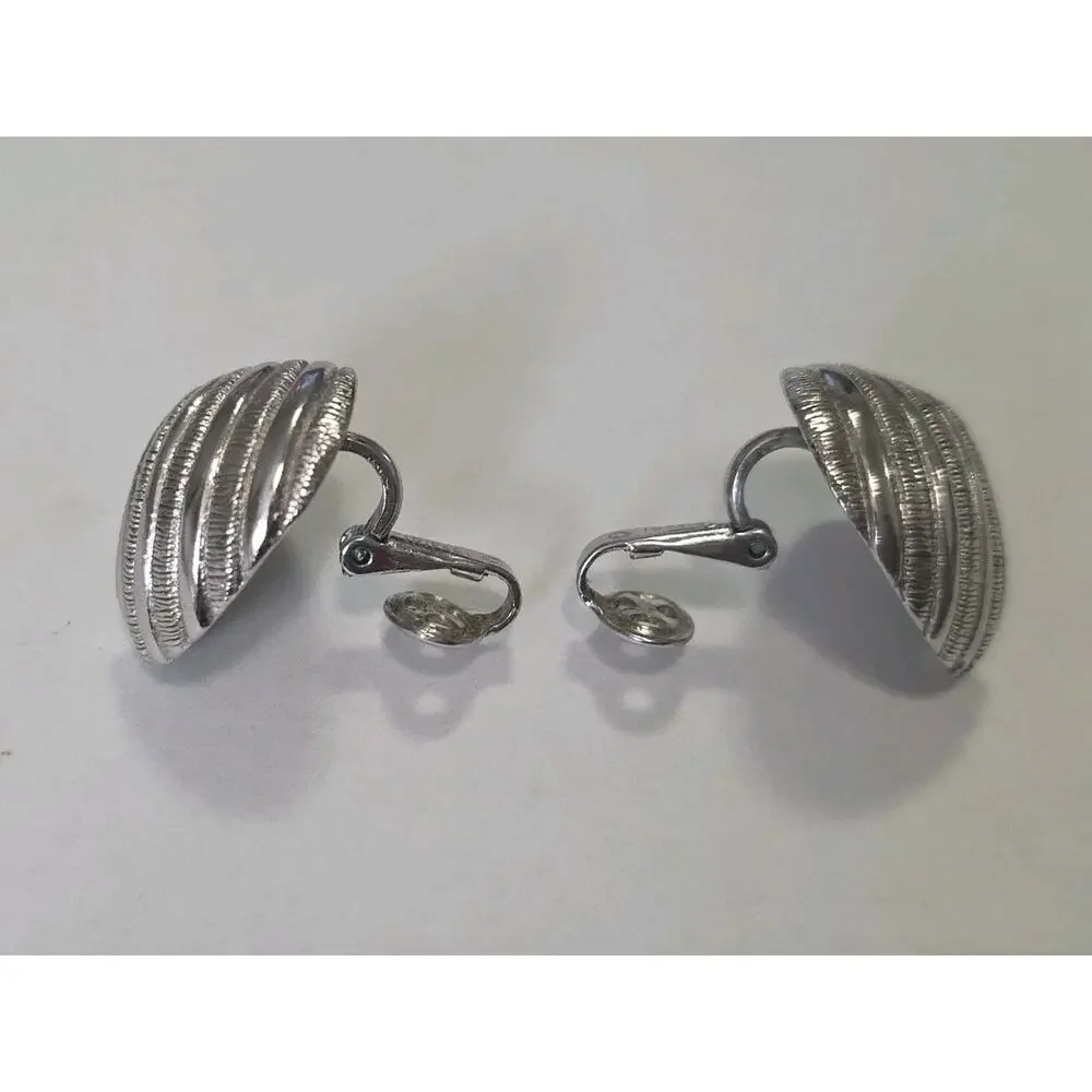 Vintage Crown Trifari Signed Earrings Textured Silver Tone Metal Swirl Clip On